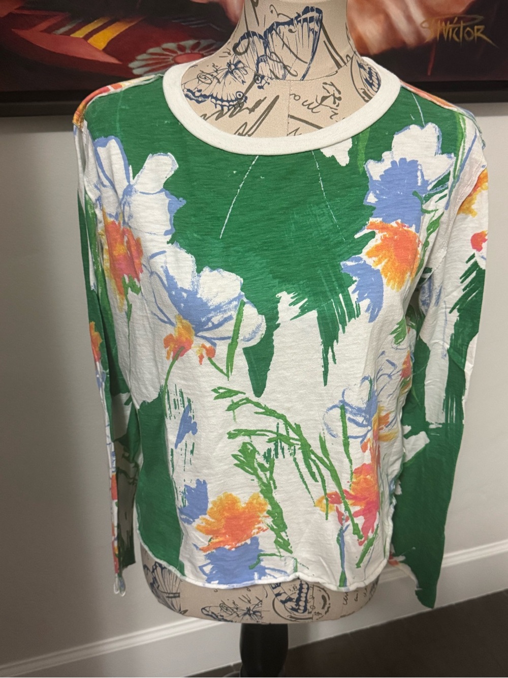 Anthropologie Green and White Floral Crewneck top with Orange & Blue Accents